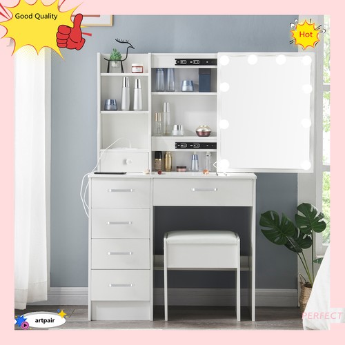 USB Port Vanity Dressing Desk Makeup Dresser Table 10 LED Lights Mirror US Ship - Picture 4 of 11