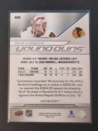 Drew Commesso Blackhawks 2024-25 Upper Deck Series 2 Hockey Young Guns OUTBURST - Picture 2 of 2
