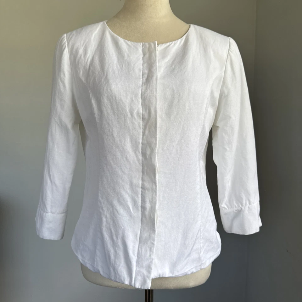 Blusa top manga 3/4 David N para mujer M blanca mezcla de lino botones delanteros Foto 4 de 4