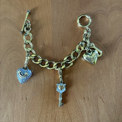 Juicy Couture Y2K Gold Tone Charm Toggle Bracelet Crystal Puffy Heart & Key