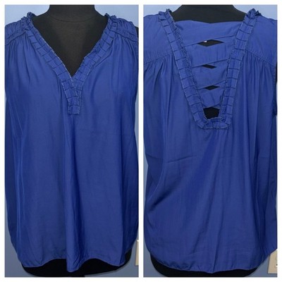 PHILOSOPHY XL Royal Blue Ruffle Neck Criss Cross Back Tank Top