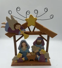 Hand Painted Whimsical Wooden Nativity Manger Scene One Piece