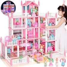 5-Story Dream Doll House for Girls with 19 Rooms, Lights, Dolls, and Furnitur...