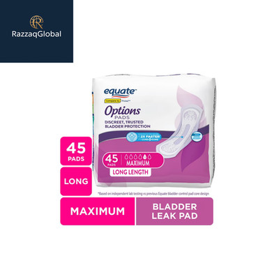 Equate Options Women s Incontinence Pads, Max Absorbency, Long, 45 Ct