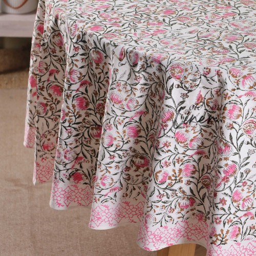 Bohemian Pink Floral Tablecloth 100% Cotton Hand Block Printed Round Table Cover - Picture 3 of 7