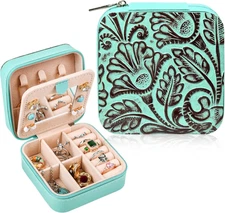 DEEKA Western Jewelry Box Case Real Leather Turquoise and Brown Embossed Tooled