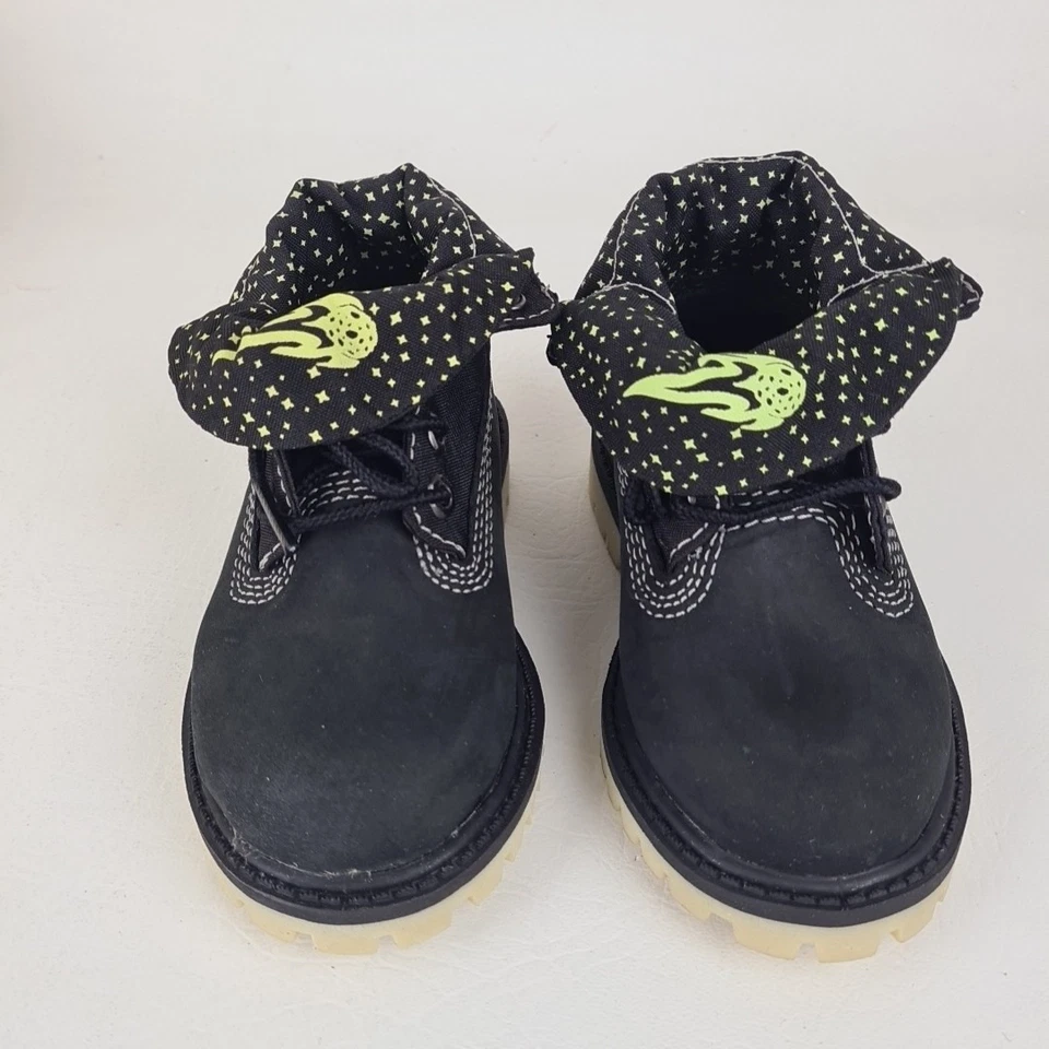 🚨 Timberland Roll Top NIÑO PEQUEÑO Botas Brillantes 2378 Impermeables Cuero Negro Talla 8 Foto 4 de 4