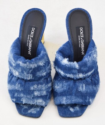 DOLCE & GABBANA Blue Denim Mule Sandals 38 8 Gold DG Logo-Heel
