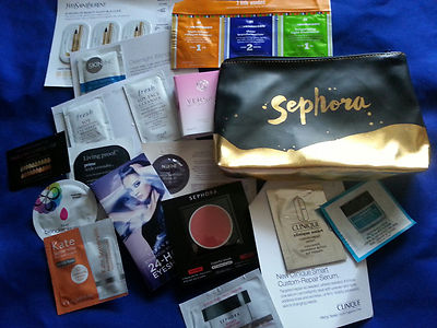 SEPHORA Makeup/Cosmetics Bag, Black Gold w/ 15 SAMPLES & MASCARA! NEW! FREE SHIP