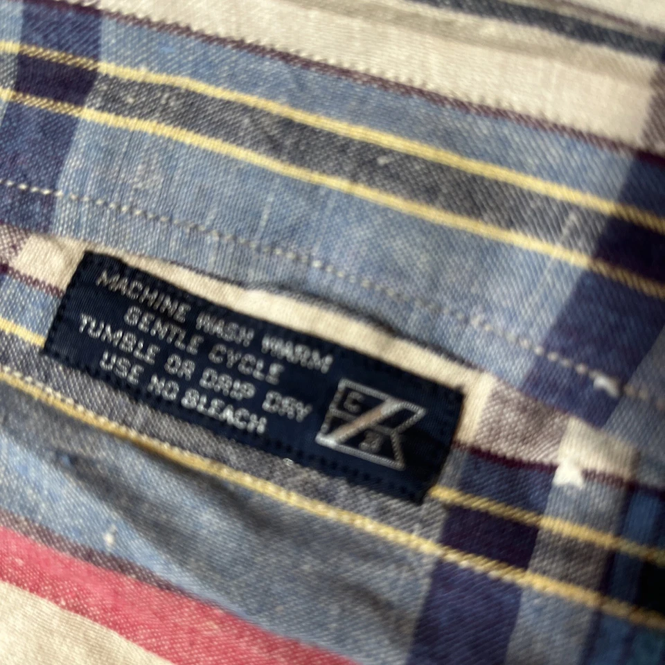 LINEN cotton PLAID SHIRT  blue red beige Button long sleeve USA BEACH TRAVEL LRG - Image 4 of 4