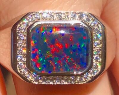 FIERY SOLID Natural Black Red Robust rich Opal Men's ring Signet *SEE VIDEO 11 W
