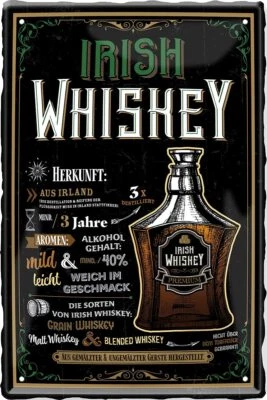 Blechschild Lustiger Whiskey Spruch “Irish Whiskey“ Deko Geschenkidee Mann Frau