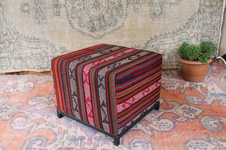 Handmade Oriental Kilim Pouf – Vintage Boho Ottoman Footstool Upholstered - Image 3 of 4