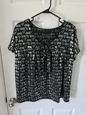 Attention Women's Black Silver Floral Print Shirt Short Sleeve Size XL