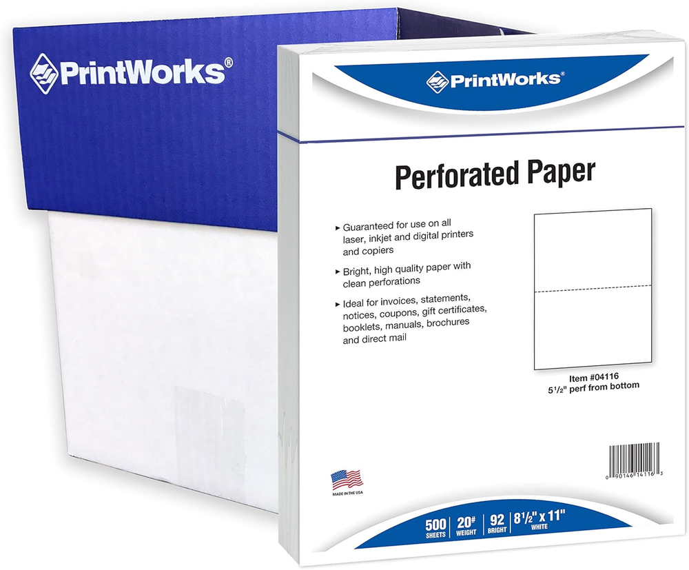 Half Sheet Perforated Paper 8.5x11 20lb White 2500 Sheets 04116C