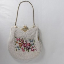La Regale Ltd White Pearl Beads Floral Pettipoint Evening Bag Kisslock Vintage