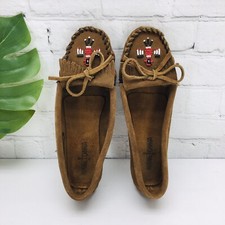MINNETONKA Women Size 8 Brown Suede Thunderbird Animiki Beaded Slip-On Moccasins