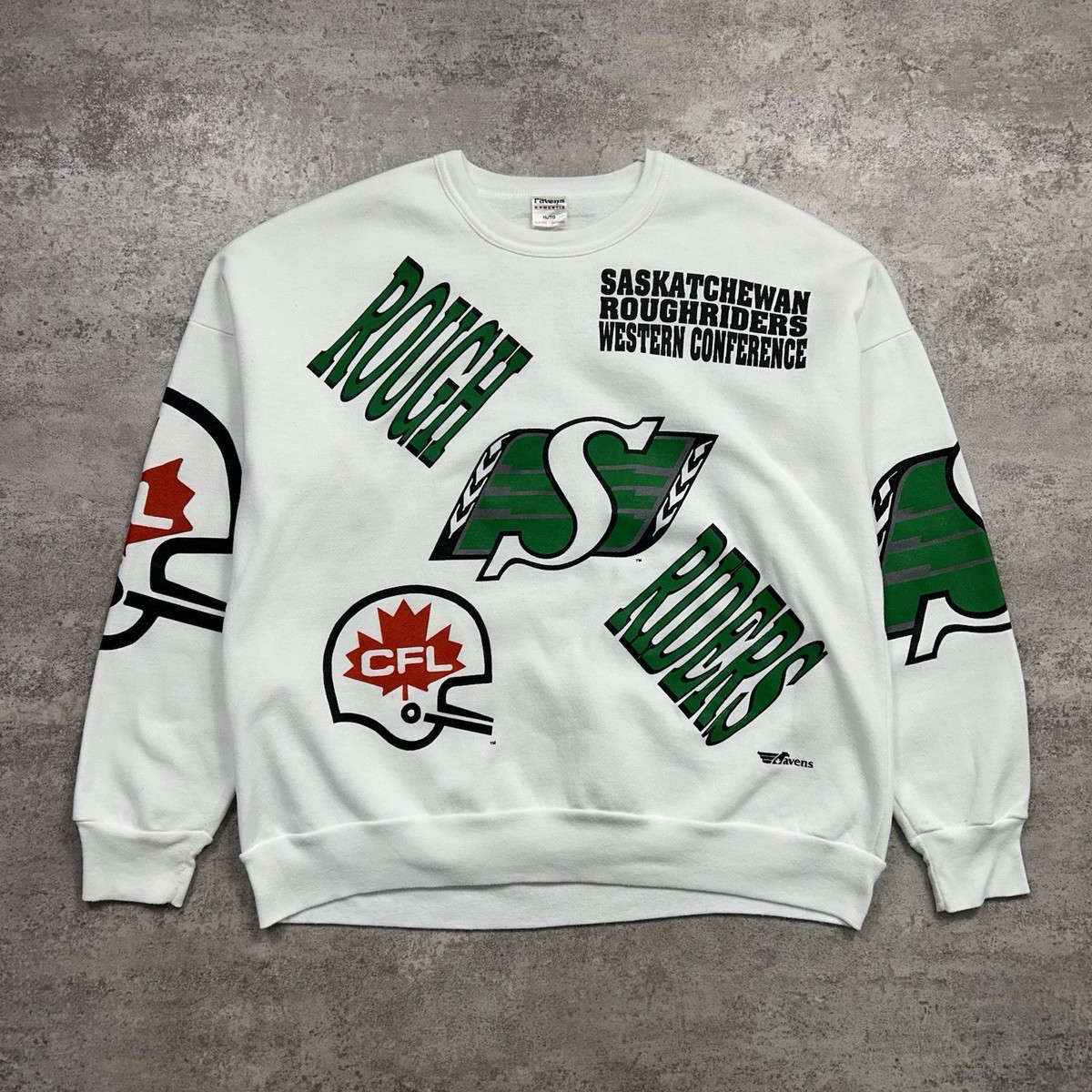 VTG 90s CFL SASKATCHEWAN ROUGHRIDERS AOP SWEATSHIRT RAVENS Sz XL
