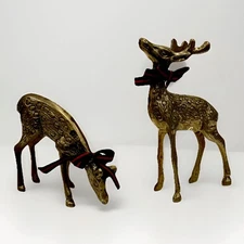 Solid Brass Reindeer Buck Doe Fawn Spotted Figurines. Patina 2 Vintage Set