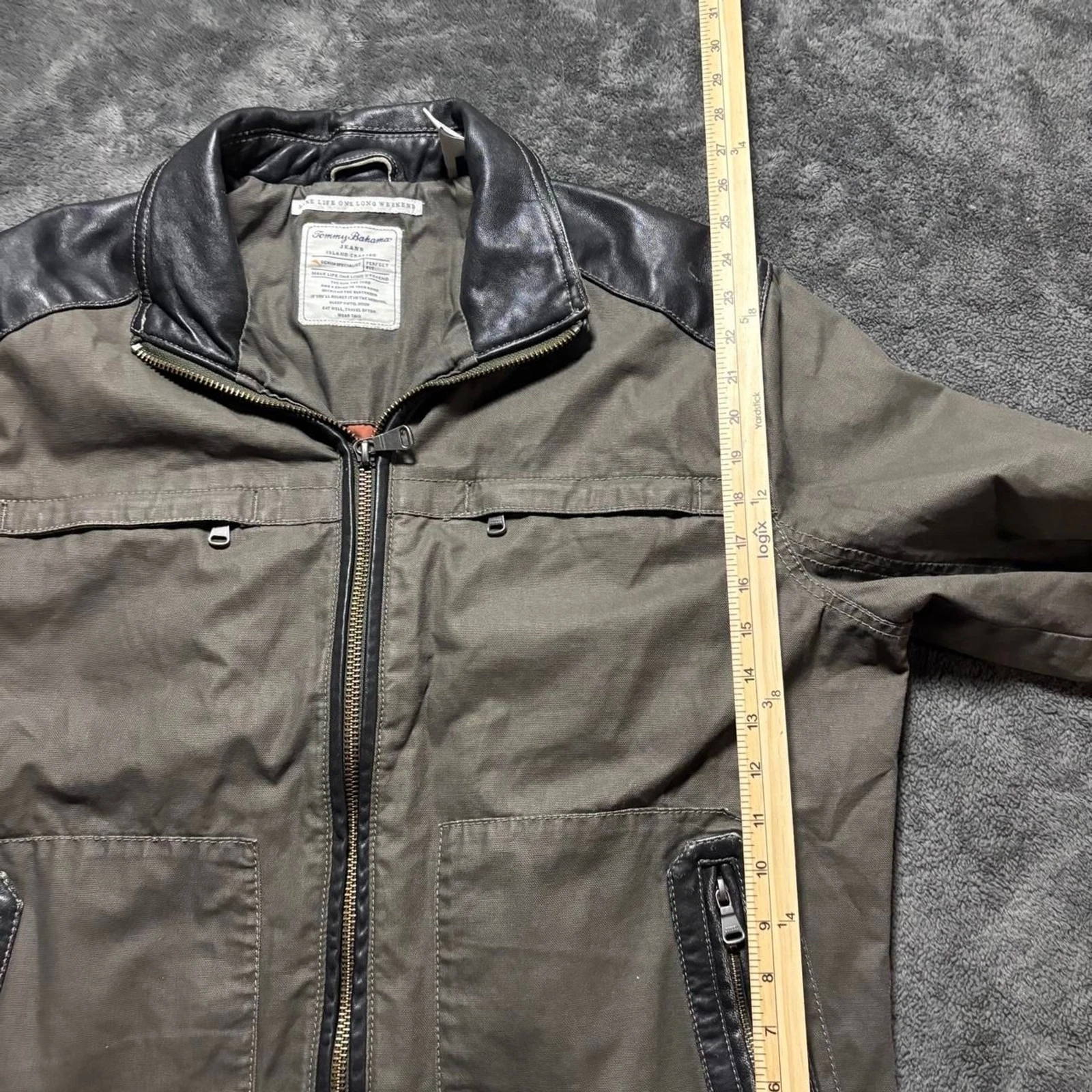 Tommy Bahama Moto Canvas Jacket Men’s L green Black Leather Accents Biker image 7