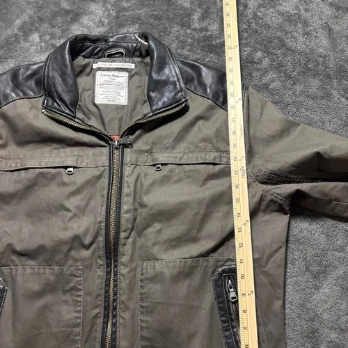 Tommy Bahama Moto Canvas Jacket Men’s L green Black Leather Accents Biker image 7