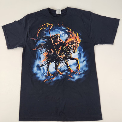Grim Reaper w/ Scythe on Skeleton Horse w/ Flaming Skull Hell Shirt Medium