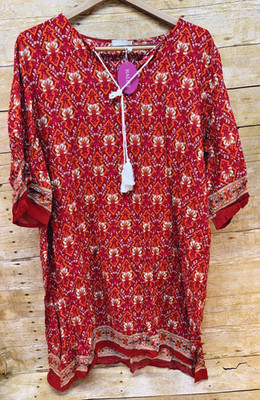 HALIFE BLOUSE TOP TUNIC WOMEN'S 2XL 1/3 SLEEVE V NECK TASSELS ORANGE RED  NWT 