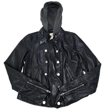 Free People Vegan Leather Hooded Moto Jacket Black Double Breasted Size S