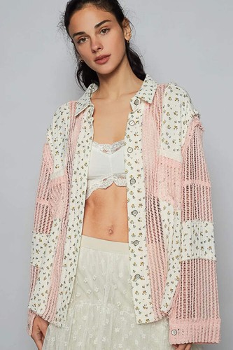 POL Floral Crochet Patchwork Tunic Button Down Shirt in Peach Pink Multi - Picture 7 of 7