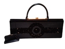 Vintage Bienen-Davis Oversize Evening Bag Womens Black Velvet Top Handle Clutch