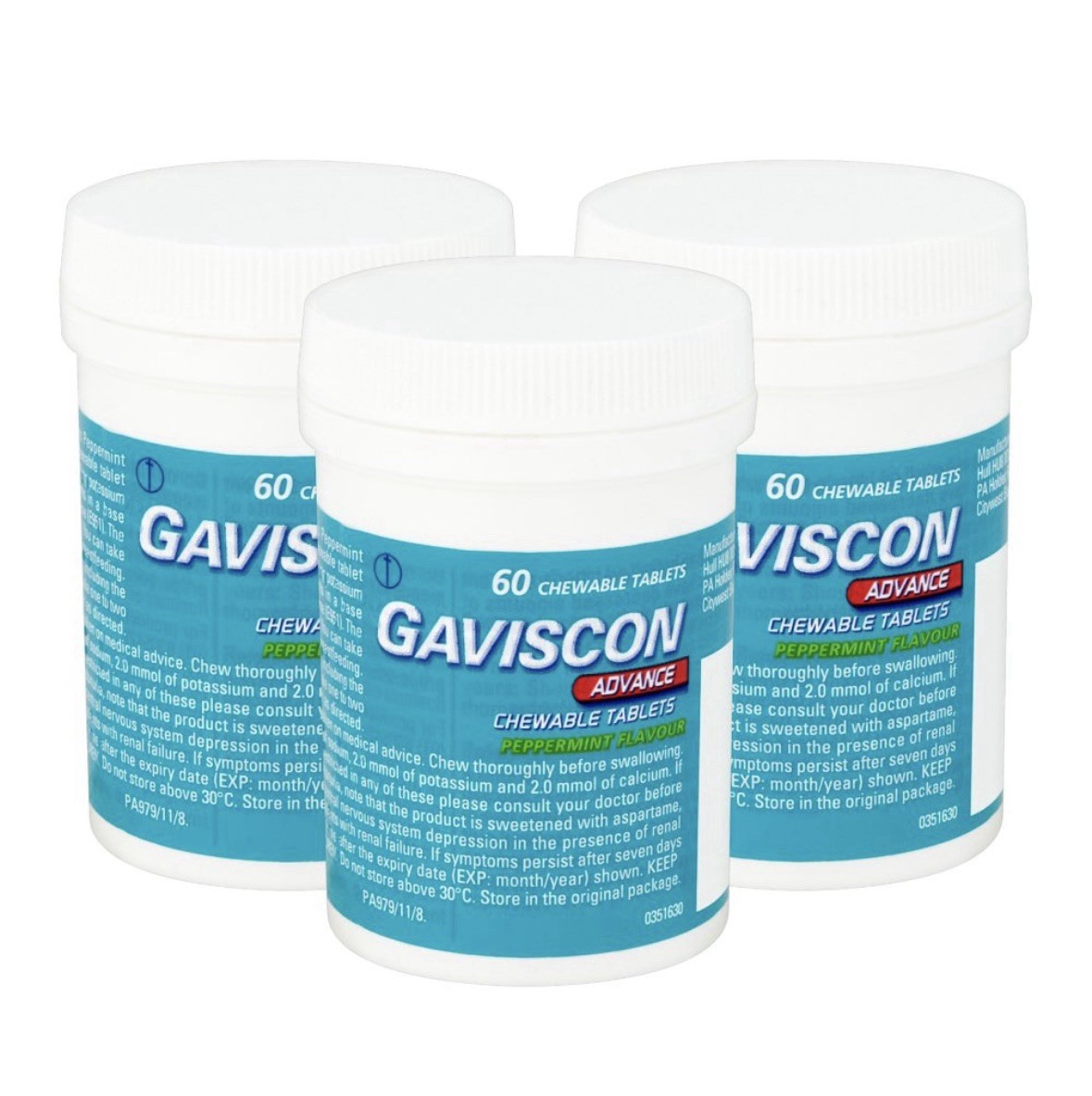 3x Gaviscon Advance Peppermint Flavour - 60 Chewable Tablets - 180 Tablets