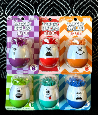  6pk JUST 4 GIRLS GRAPE STRAWBERRY ORANGE APPLE MINT RASPBERRY WACKY LIP BALMS