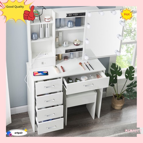 USB Port Vanity Dressing Desk Makeup Dresser Table 10 LED Lights Mirror US Ship - Picture 6 of 11