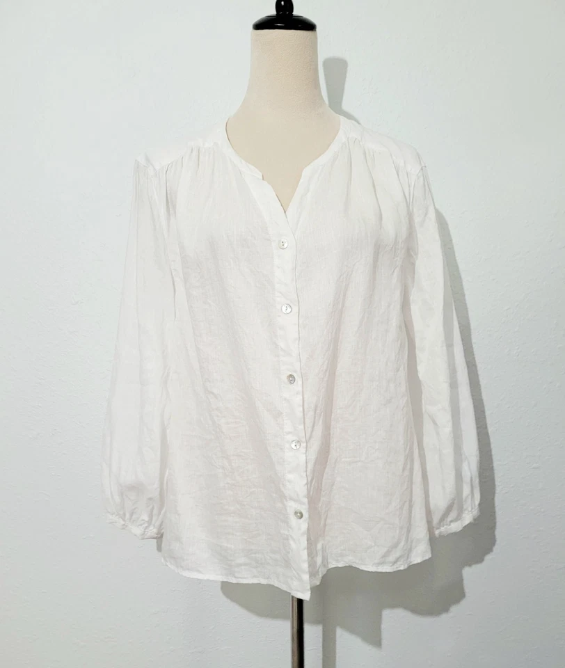 Blusa para mujer Rachel Zoe 100 % lino blanca con botones delanteros talla grande manga larga Foto 2 de 4