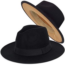 Trendy Fedora Hats for Men  Women Wide Brim Felt Hat Dress Medium A Black-tan