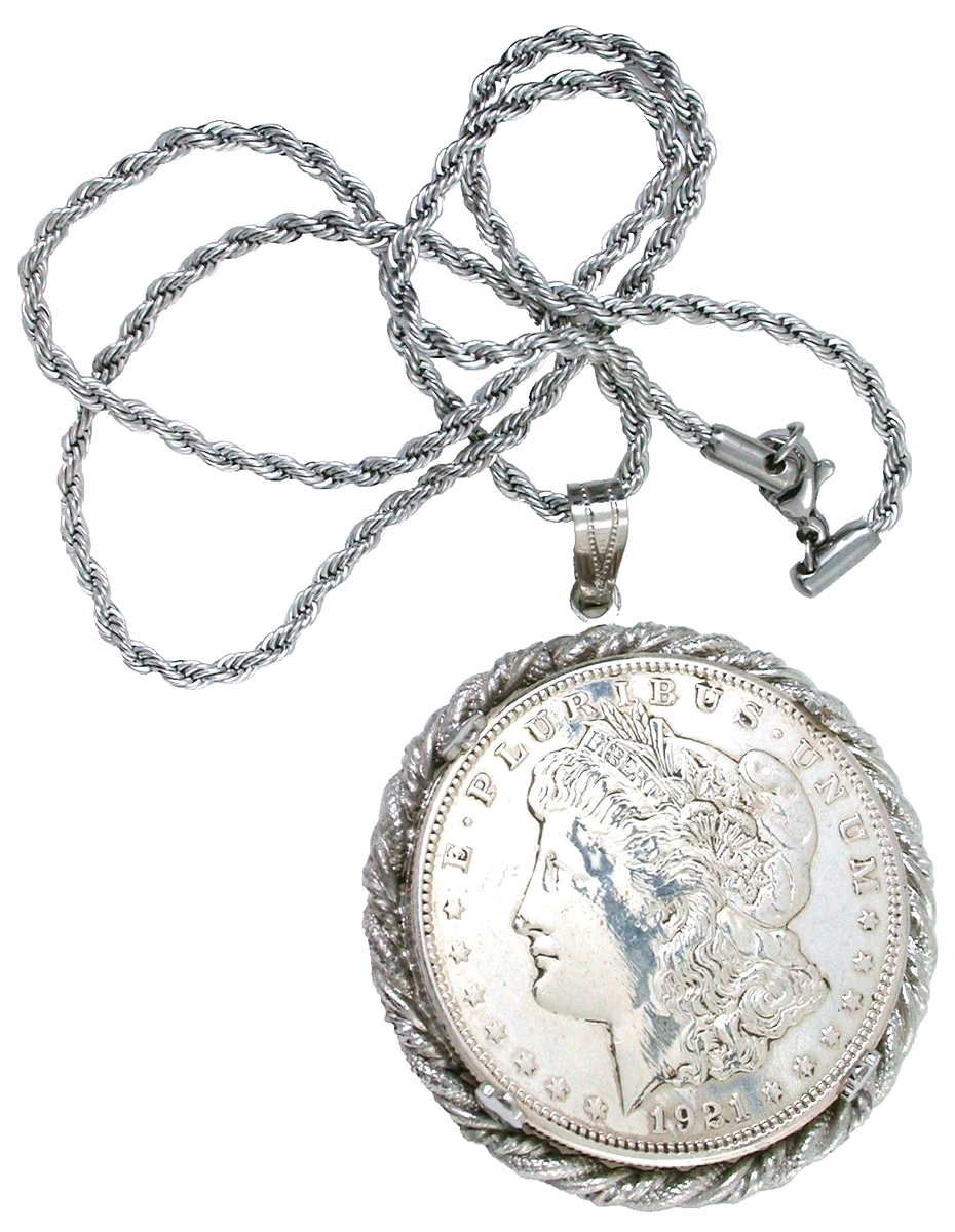 1921 MORGAN SILVER DOLLAR PENDANT WITH SILVER COLOR ROPE 18 INCH