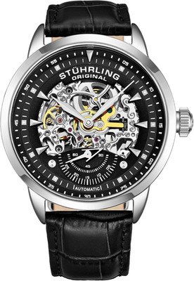 Men's Automatic Skeleton Watch - Black Leather, Silver Executive Style