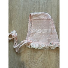 Vintage 1960s Pink Smocked Lace Trim Floral Baby Bonnet