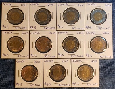 Set Of 11 Canada 2 Dollar Toonies Bi Metal Coins 1999- 2009
