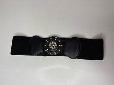 Vintage 80's Stretch Elastic Belt Black One Size Flower Rhinestones Gems Metal