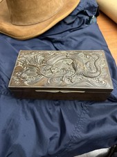 Vintage Asian Dragon Trinkit Metal Box 7 x 4 Embossed Jewelry