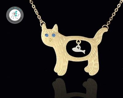Anhänger Katze Fisch Strass Halskette Vintage Glücksbringer Geschenkidee Rarität