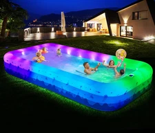 Large Inflatable Pool w/Lights 145x74x22'' Blow Up Swimming Pool for Kids Adults