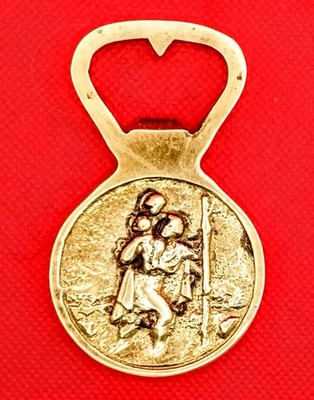 VINTAGE Flaschenöffner Messing massiv vergoldet Dekor St. Christophorus und Erdglobus