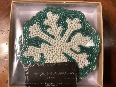  Set of 6 Tahari SNOWFLAKE Beaded Coasters Green / White NEW 5  LOW $hip