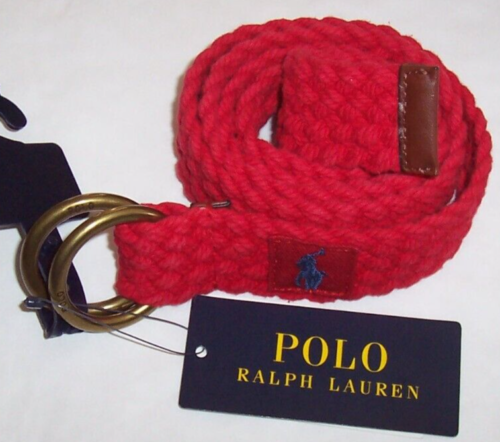 Polo neuf avec étiquettes Ralph Lauren VRAI COTON TRESSÉ ROUGE/cuir garniture CEINTURE hommes M PONEY BLEU - Photo 1/2