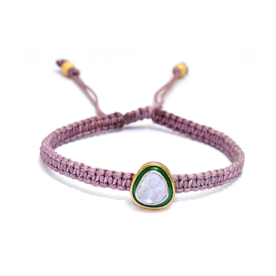 Brazalete ajustable trenzado hilo macramé rosa diamante plata de ley 925 Foto 2 de 4