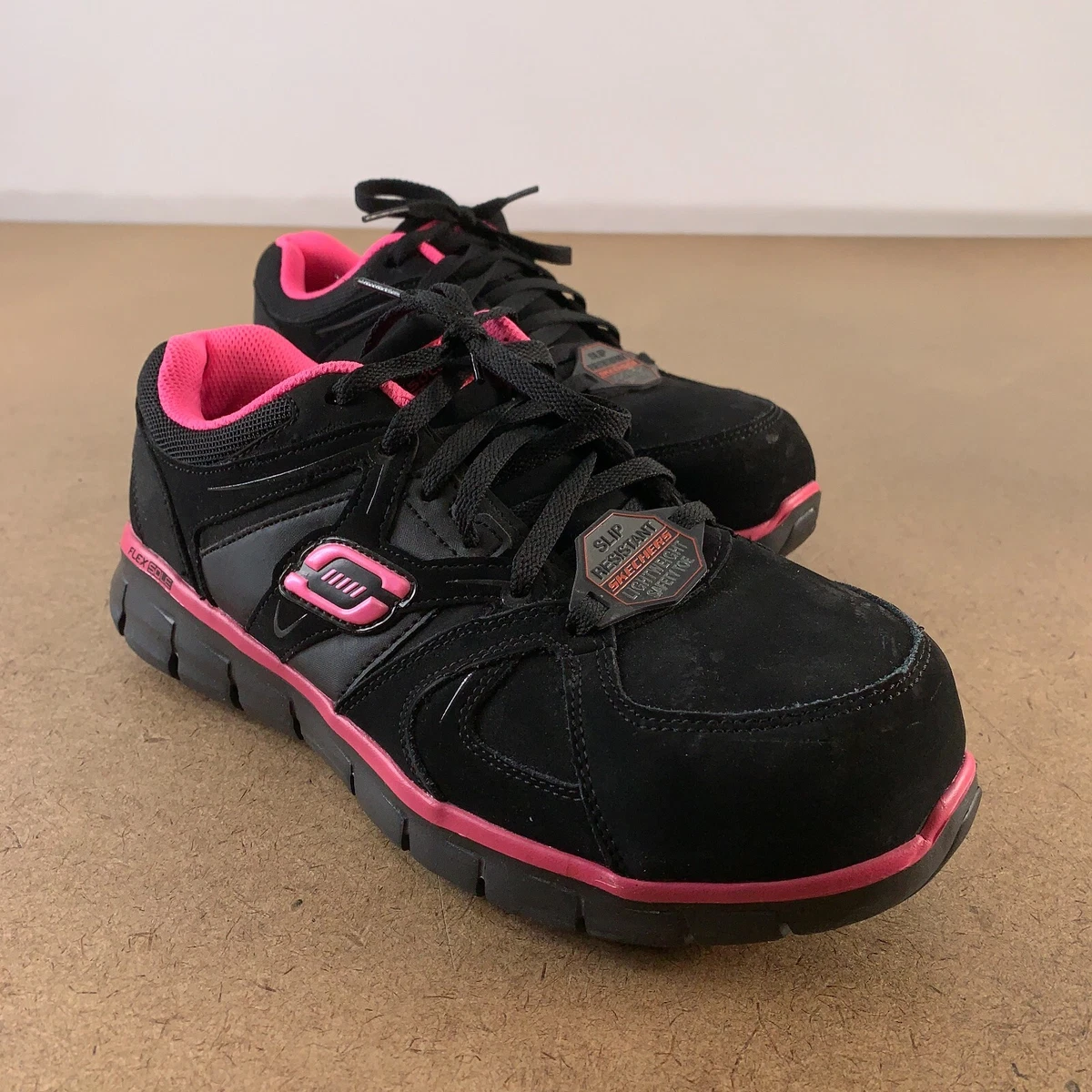 Womens Skechers Work Alloy Toe Slip Resistant EH Synergy Sandlot Black/Pink