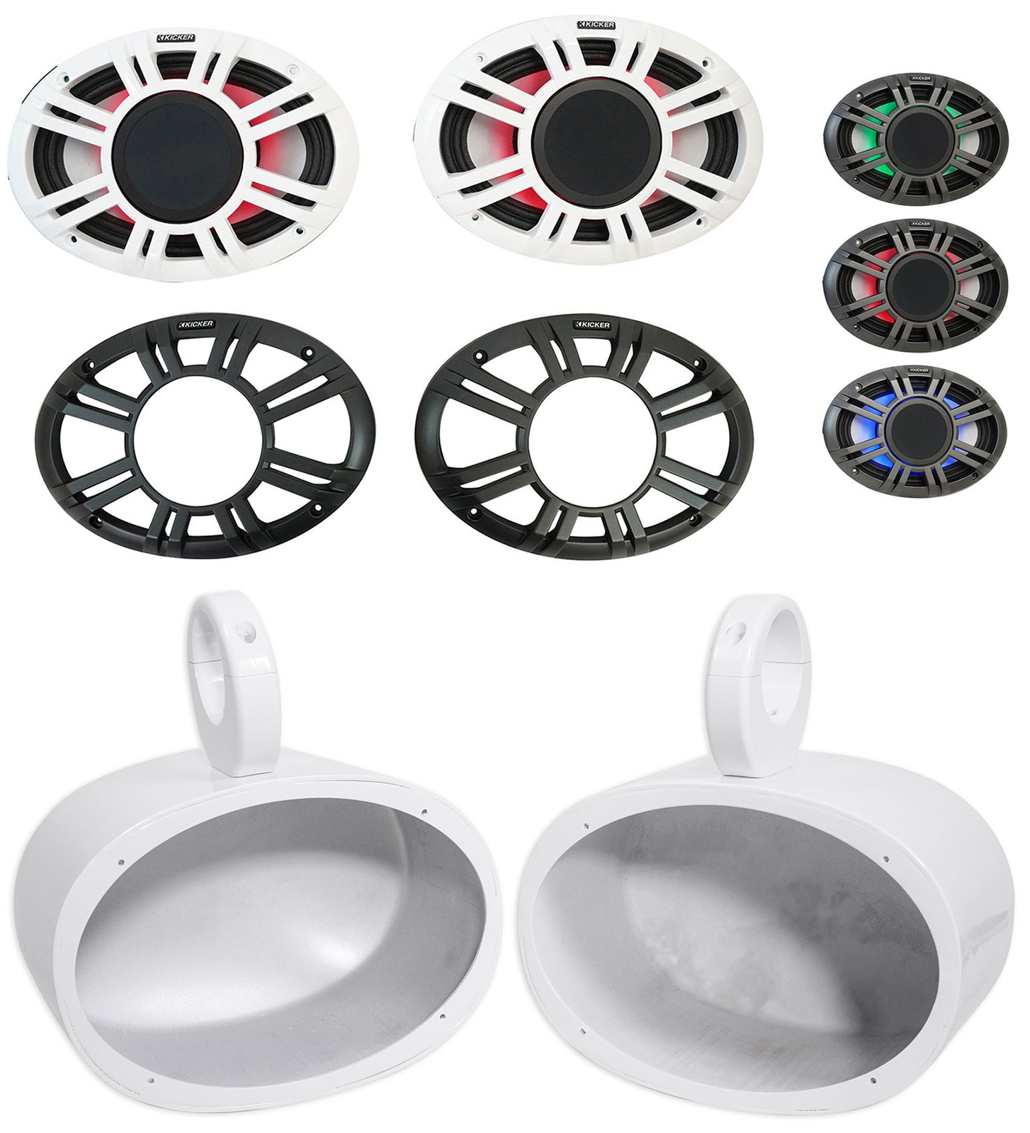 (2) Колонки KICKER 48KMXL694 300 Вт 6x9 для морской лодки, белая башня для вейкборда, со светодиодной подсветкой