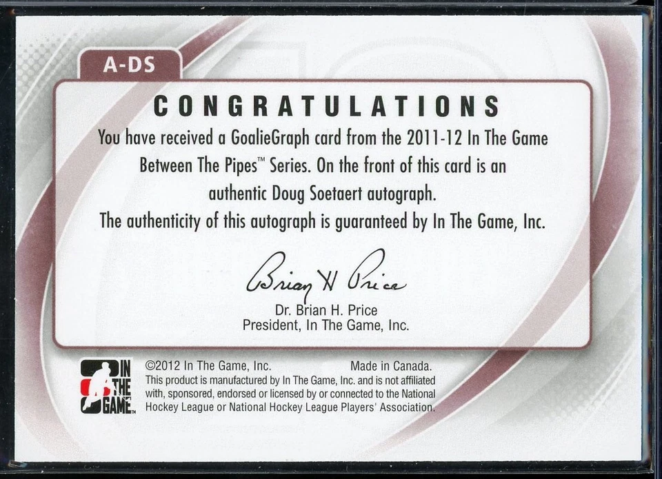 2011-12 ITG Between The Pipes Autographs #ADS Doug Soetaert - Image 2 of 2
